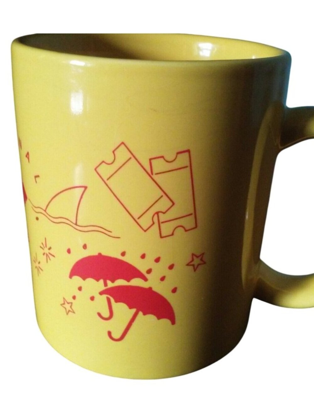 Disco Dancing Yellow Ceramic Mug Red Graphics Collectible Umbrellas Tickets